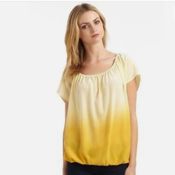 Joie Silk Top Womens Small Ombre Caro Lemon Yellow Gathered Bubble Hem Flowy S - Picture 1 of 14